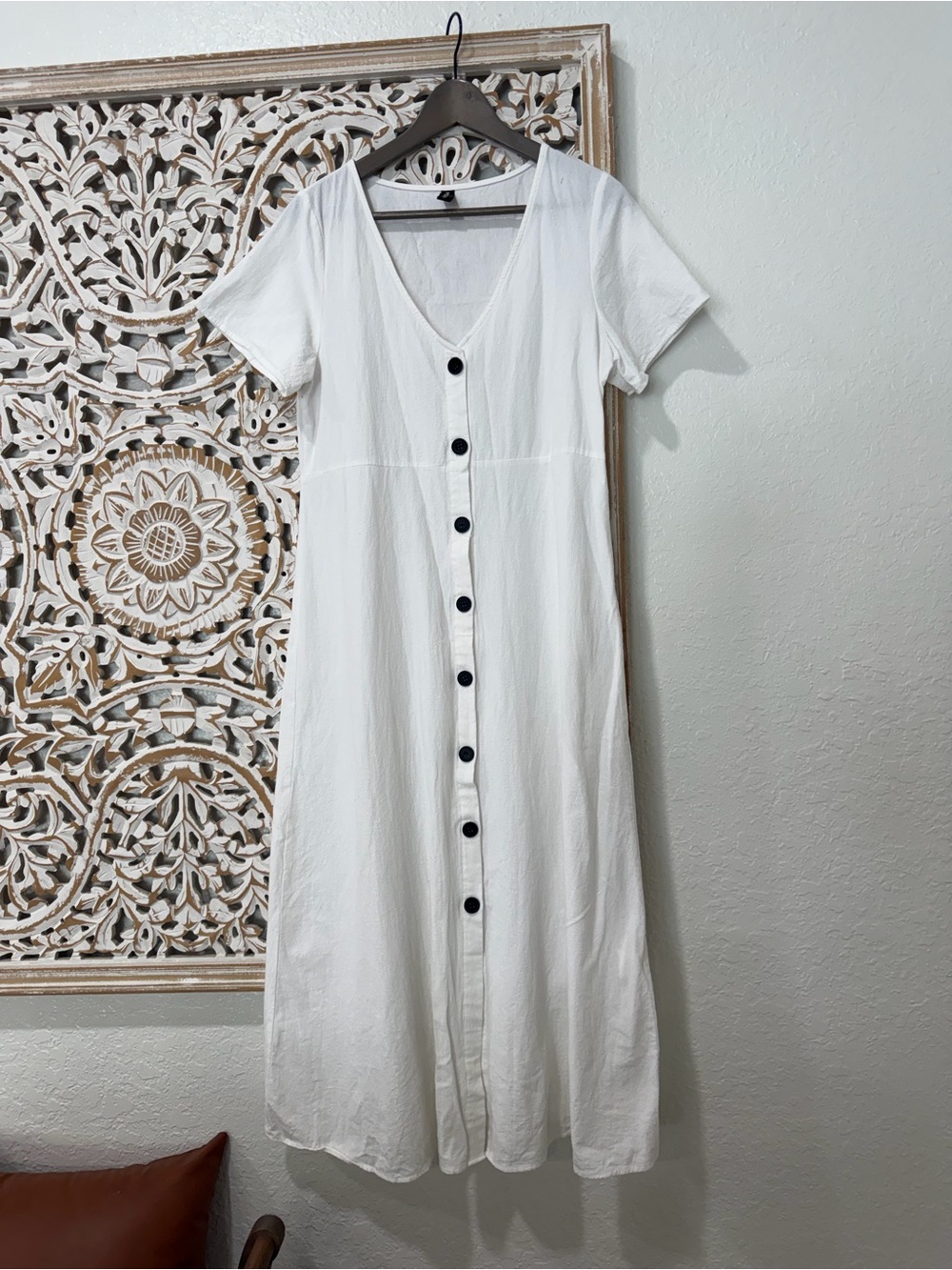 V-Neck White Button-Front Maxi Dress
